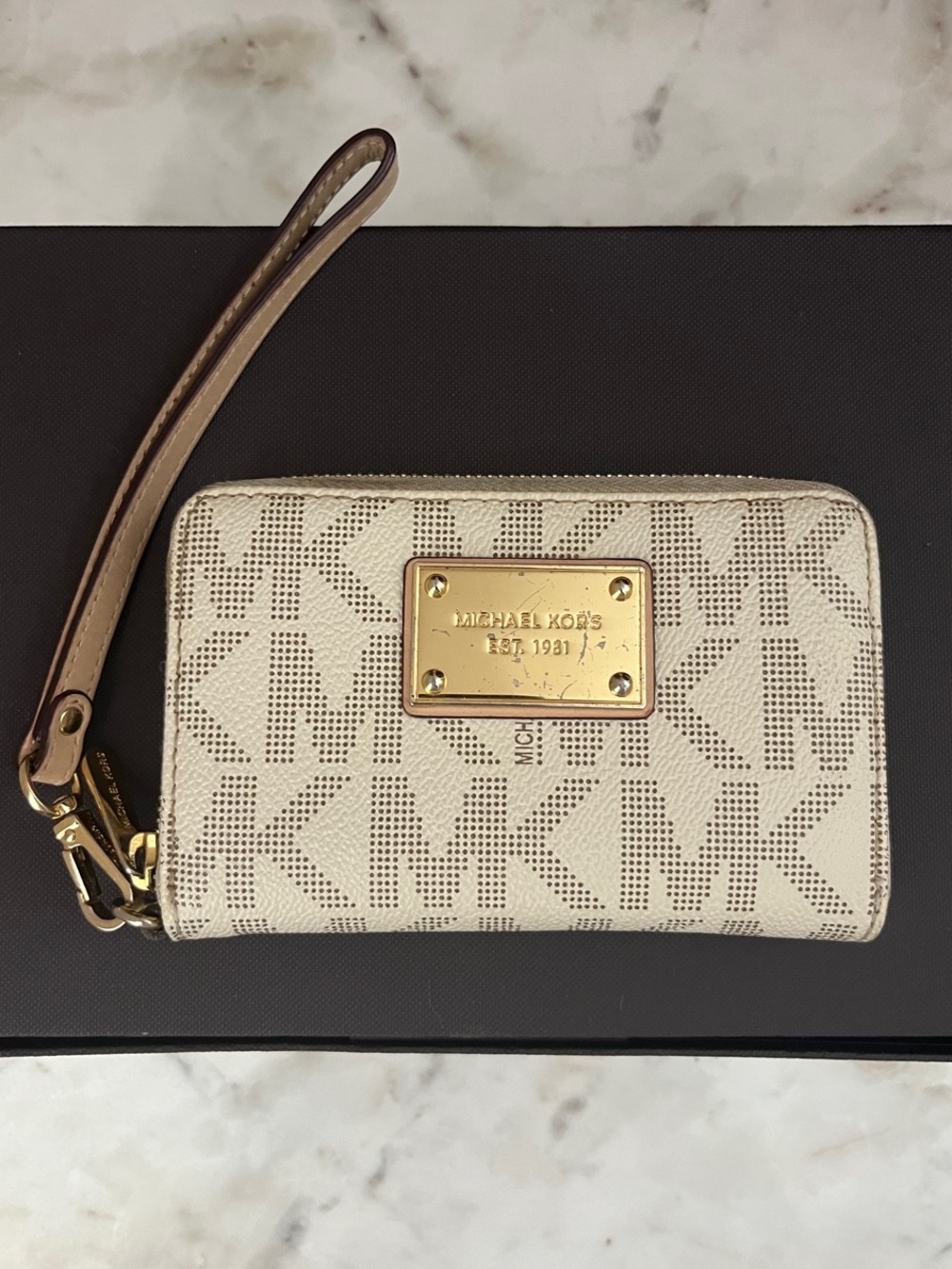 Michael Kors Cream Monogram Wristlet with Gold Plate